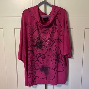 Women’s 3X INVESTMENTS Fuchsia Floral and Shiny Stud Cowl Neck Knit Sweater